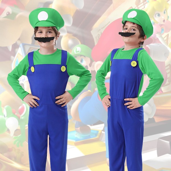 Luigi Kostumesæt, Luigi Kostume, Bros, Udklædning, Kvinder, Mænd, Outfit til Jul, Karneval, Maskerade Children boys green XL