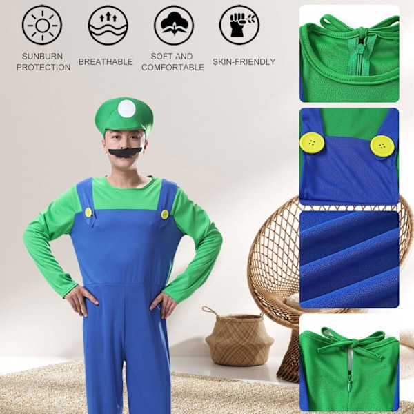 Luigi kostymesett, Luigi kostyme, Bros, karnevalskostyme, kvinner, menn, antrekk for jul, karneval, maskerade Adult-man-green XL