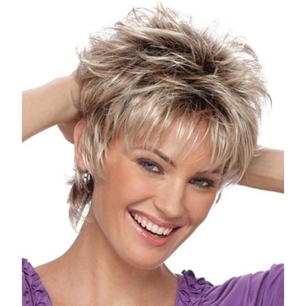 Kvinnors peruk realistisk fluffigt kort hår kemisk fiber rakt blont hår gradient grått hårguld
