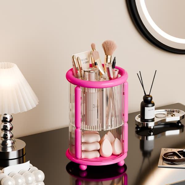 Makeupbørste Organizer, 2-lags Roterende Opbevaringsholder til Kosmetik og Svampe Rose Red
