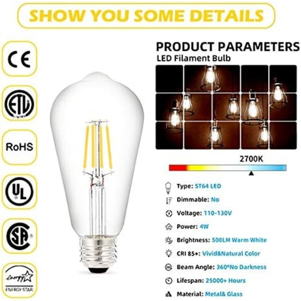 IC Edison Glödlampa Ej dimbar, retrostil, 9W, 500LM, E27 Medium Sockel, Ekorre Bur Filament, 4-pack