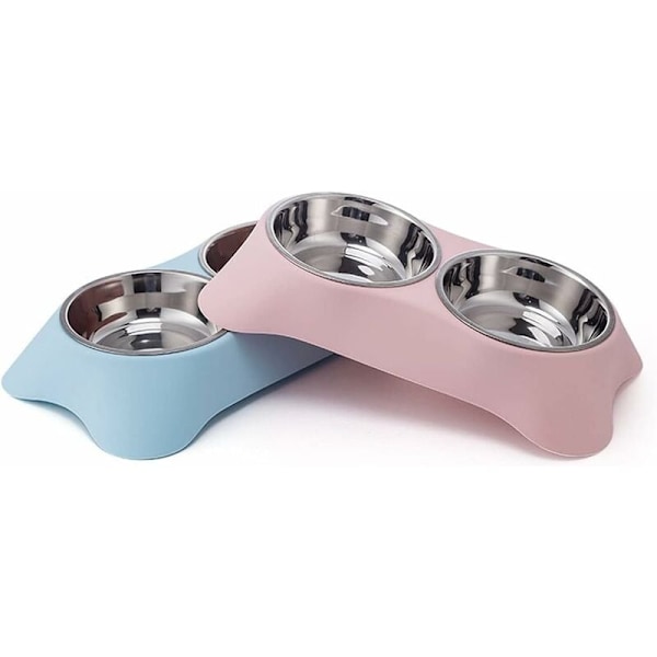 Dobbelt Hundeskål, Skridsikker Dobbelt Skål i Rustfrit Stål med Anti-Spild til Små Hunde og Katte (S, Pink)