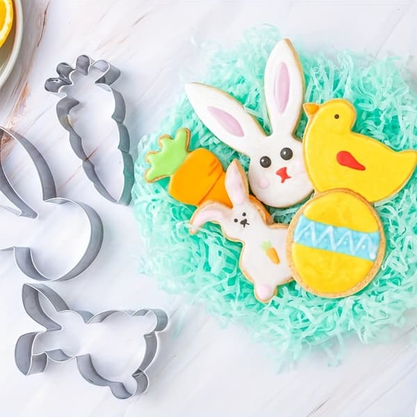 Påskeutstikkere i rustfritt stål: Kanin, gulrot, and, egg og kløverformer for feriebaking Easter Cookie Cutters