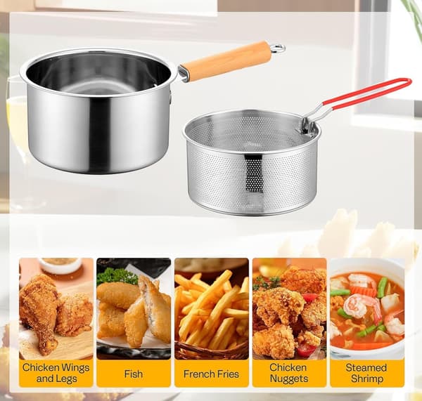 8\" dyp stekepanne med trehåndtak og frityrkurv (sølv) Deep fryer + strainer + lid + clips