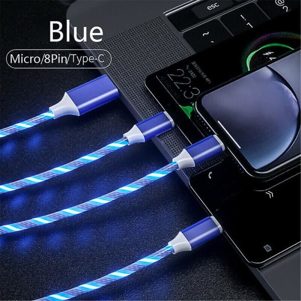 3 i 1 USB kabel Led Light Up Laddare Laddningskabel Sladd För Type-c Android Iphone -1,2m Blå