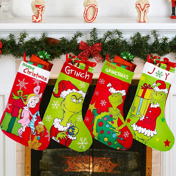Pack Stocking 18 tum Grinch Julstrumpor Dekorationer för Familjesemesterfest Dekor