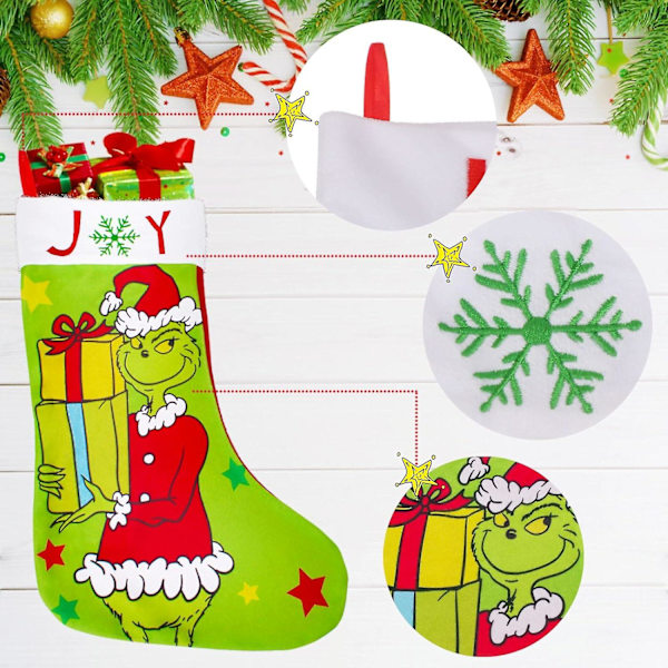 Pack Stocking 18 tum Grinch Julstrumpor Dekorationer för Familjesemesterfest Dekor