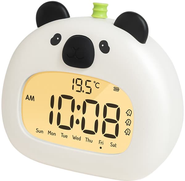 Digitalt Vækkeur til Børn, Søvntræner med Snooze, Dæmpbart Natlys, USB-C Genopladeligt Pandabjørn Vækkeur til Drenge og Piger