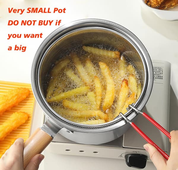 8\" dyp stekepanne med trehåndtak og frityrkurv (sølv) Deep fryer + strainer + lid + clips