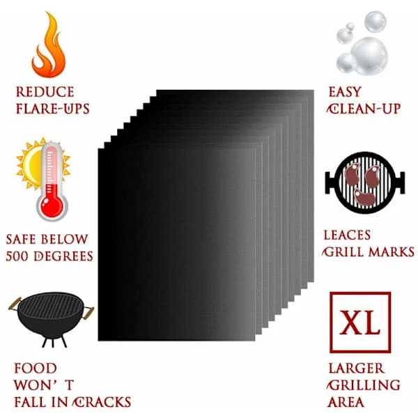 10-pak teflon grillmåtter, der tåler op til 500°F til grillning.