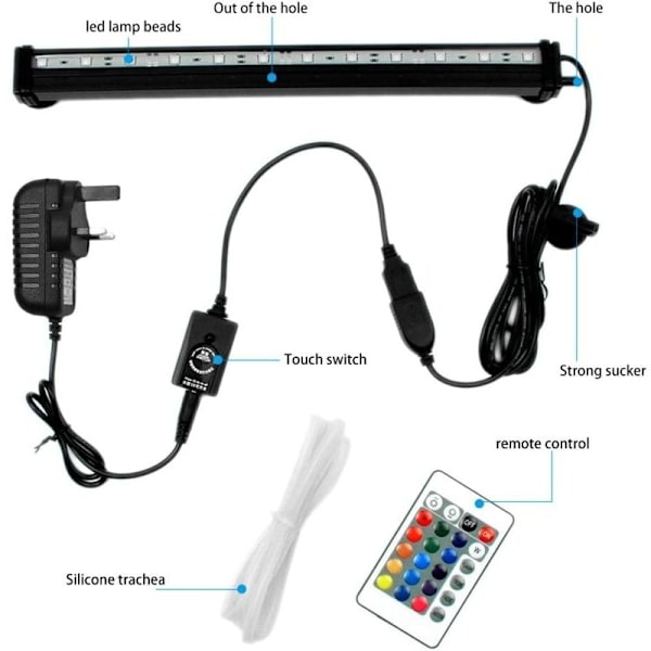 Vandtæt Akvarielys med Fjernbetjening 5050 LED Farveskiftende med 24-Tasters Controller til Ferskvands- og Saltvandsakvarium 30cm..DEBUNS