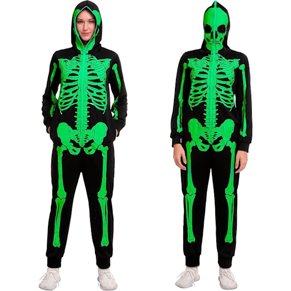Unisex Skelett Onesie Pyjamas Plysch Skelett Jumpsuit Dragkedja Halloween Hoodie Pyjamas för Vuxna Nattkläder Kostym gRÖN L