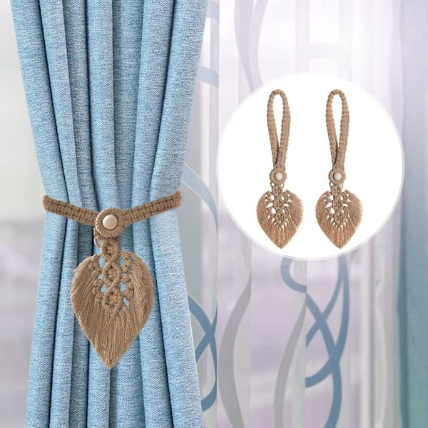 Sett med 2 Boho Gardinholdere, Blad Bomulls Makrame Gardin Klips