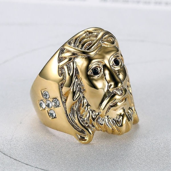 (USA storlek 12) Vintage Herr rostfritt stål Rhinestone Cross Jesus Face Ring Guld