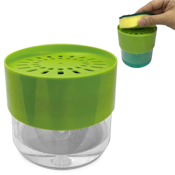 Opvaskemiddeldispenser med svampeholder, flydende sæbepumpe i plast til køkkenvask, 500 ml grøn