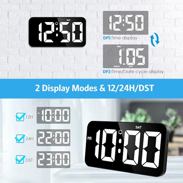 Digital väggklocka med stor display, 11 tum stor digital klocka med automatisk dämpning, 12/24H, tyst väggklocka för vardagsrumsinredning