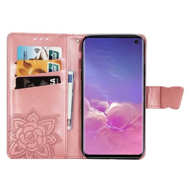 Samsung S10 Wallet Case PU Læder 4-RUMS Motiv Sommerfugl Rosenguld