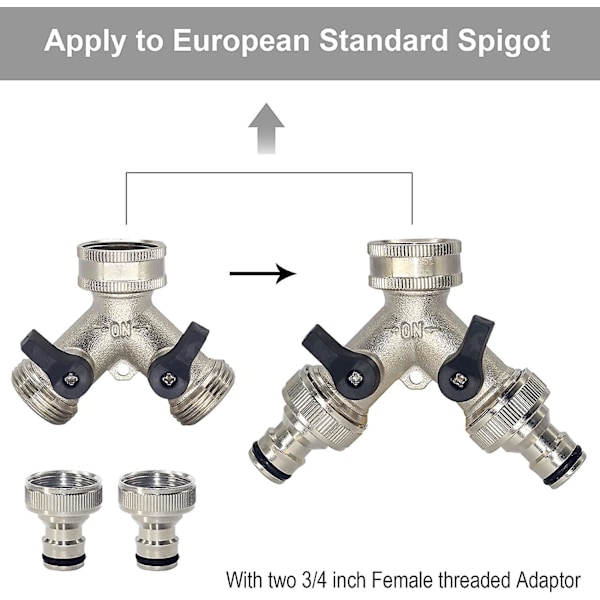 2-tie vedenjakaja puutarhaletkulle, 2-tie hana-adapteri yksittäisellä päälle/pois-kytkimellä ja kahdella pikaliittimellä, 3/4\" hana Y-jakaja messinkinen letkuliitin - hopea