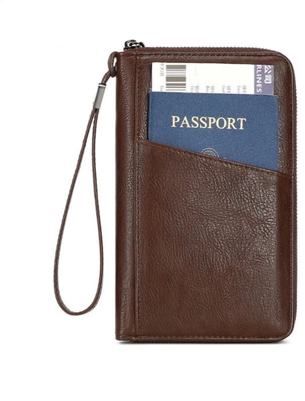 RFID-blokkerende passholder, PU-reiseorganisator med flere rom, håndleddsrem for reise, brun, 20 x 12,5 x 2 cm coffee