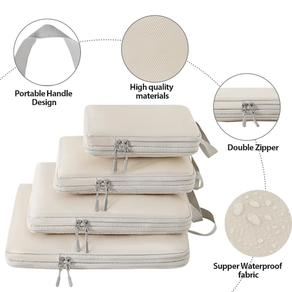 Resväska Organizer Kompressionsförpackningspåsar - 6-delad Förpackningskuber Kompressionsresväska Organizer, Set Organizer beige