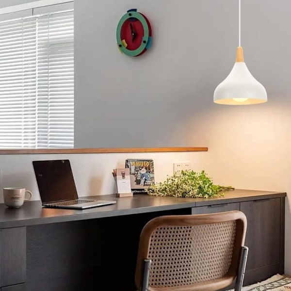 Retro Pendellampe Moderne Hattestil Taklampe E27 Metall Tre Hengelampe for Soverom Spisestue Kjøkken, Ø 20CM (Hvit 1 Pakke)
