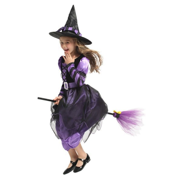 Halloween-kostyme for barn, heks prinsesse med hatt, maskerade heks forestilling klær, campus drama forestilling klær MJ51 XL(130-140) Purple