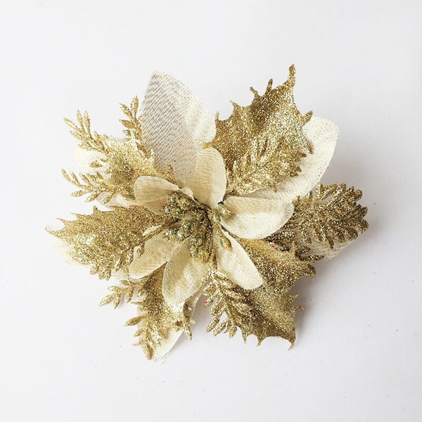 12 stk. Glitter Juleblomster (15cm) med 12 stk. Kunstig Julestjerne til Juletre (Gull)