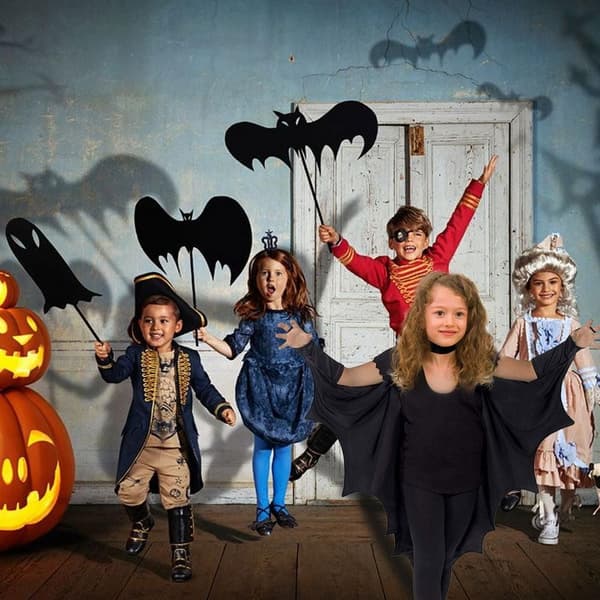 Halloween-dräkt för barn, svart fladdermusvinge-kappa med patch 130