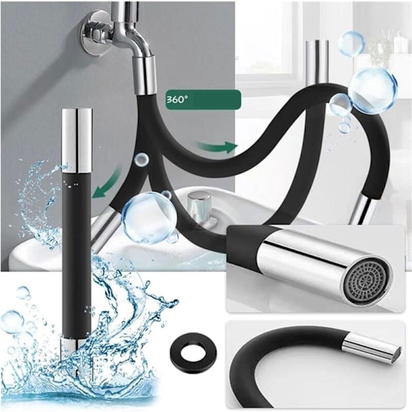 Kranförlängare - Krantillbehör - Universal - Kranmunstycke - Flexibel kranförlängare - 360° kran svart - 20 cm