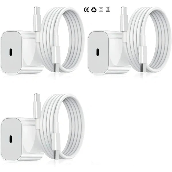 3-pakning iPhone-lader, 20 W USB-C-adapter + 2 m kabel, hvit 3-pakning USB-C 3-Pack USB-C