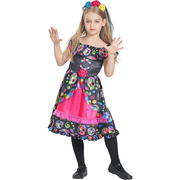 Halloween-asu Kuolleiden päivä, Dia de los Muertos -mekko, asu morsian la Catrina, luurankoasu lapsille naisille naisille Multicolor 7-8 jaar