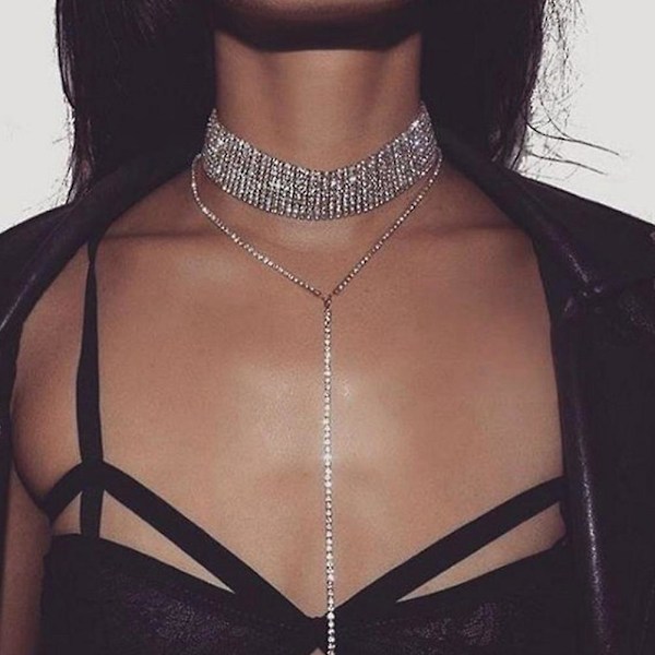 Renikh Dammode Rhinestone Inlagd Flerskiktad Choker Tassel Kedja Halsband Smycken