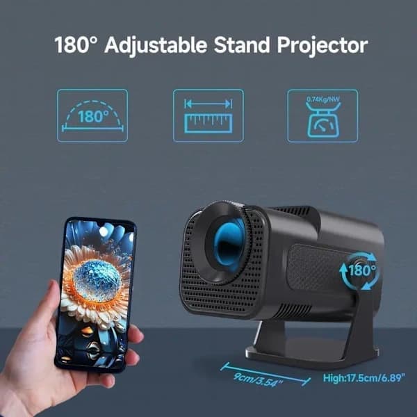 Miniprojektor 4K-understøttelse Native 1080P Smart Android 11 WiFi 6 Bluetooth 5.2 180° drejelig til hjemmebiograf Sort