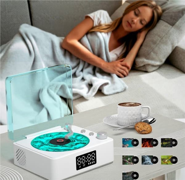 Bluetooth platespiller-stil høyttaler med 360° stereolyd, hvit støy og 3 lysmoduser, for soveromssøvn og feststemning, hvit