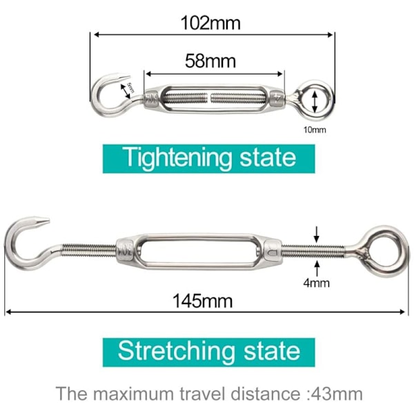 14 stk. M4 Strammeskrue Wirestrammer Krok og Øye Strammeskrue 304 Rustfritt Stål Strammeskruer Kraftig Tau Spenning