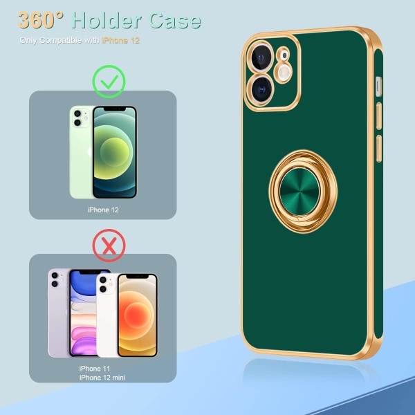 IC iPhone 12-skal, iPhone 12-skal med ringställ, [360° roterbar ringhållare magnetiskt stöd], midnattsgrön/guld