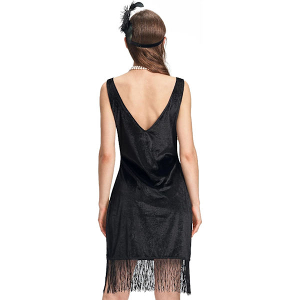 Kvinders Flapper 20'er Kostume Outfit V-Hals Sequin Kjole med Frynser Halskæde Perle Bånd S