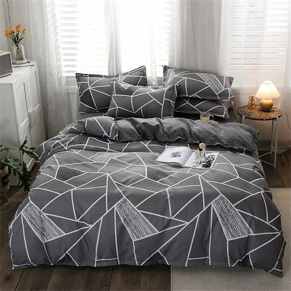 Pieces Dynebetræk 220x240cm med 2 pudebetræk 74x48cm, Sengesæt til voksne i mikrofiber polyester med lynlåslukning, Gråt geometrisk mønster