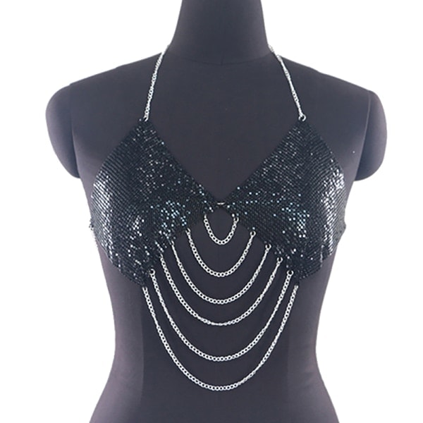 IC Sexet Rygløs Kvast Metalkæde Rhinestone Tanktop Deep V Hul A1