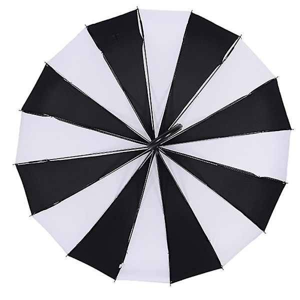 Elegant Langskaftet Vindtæt Paraply Sol Regn Brug 16 Ribber Sort Hvid Design Pagode Type