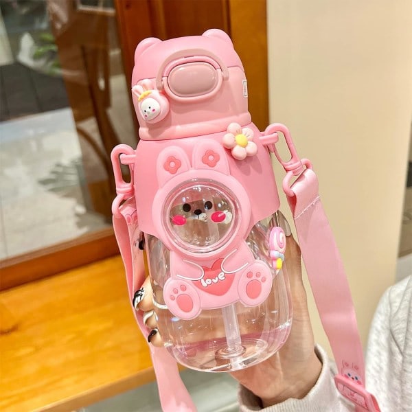 IC Kawaii vattenflaska - söta vattenflaskor med sugrör och klistermärken Bärbar tecknad björnvattenflaska läckagesäker sportvattenflaska (660 ml)