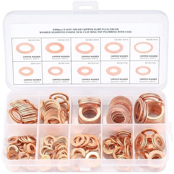 Kopparbrickor, Packningar Tätningsring, Platta Brickor, O-ring med Låda för Tätning - 200 st/M5 M6 M8 M10 M12 M14