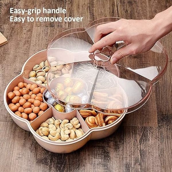 Snackförvaringsbricka med lock, 6-facks godis- och nötserveringsfat för hemmafest, blomformad 9,8 tum