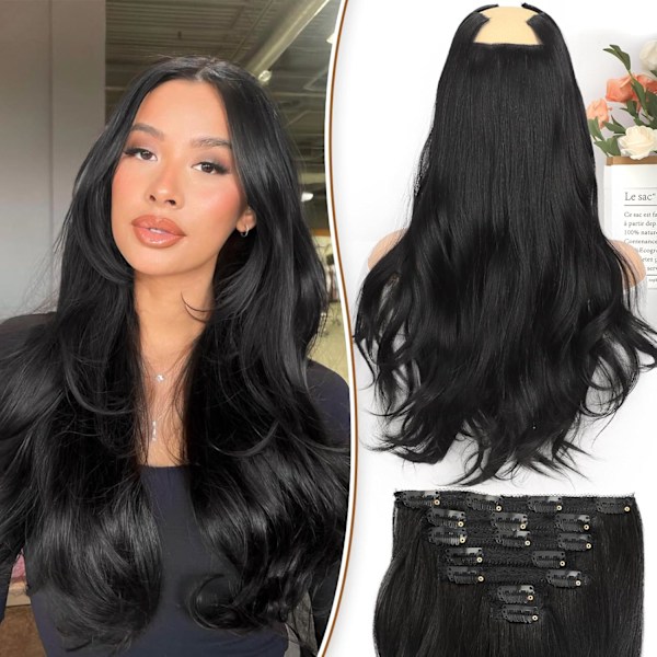 Clip in Hair Extensions Tjockt Långt Rakt Hår Extensions Uppgradering Mjuk Spetsväft Lätt 7PCS Lager Hår Extensions Svart 20Tum för Kvinnor