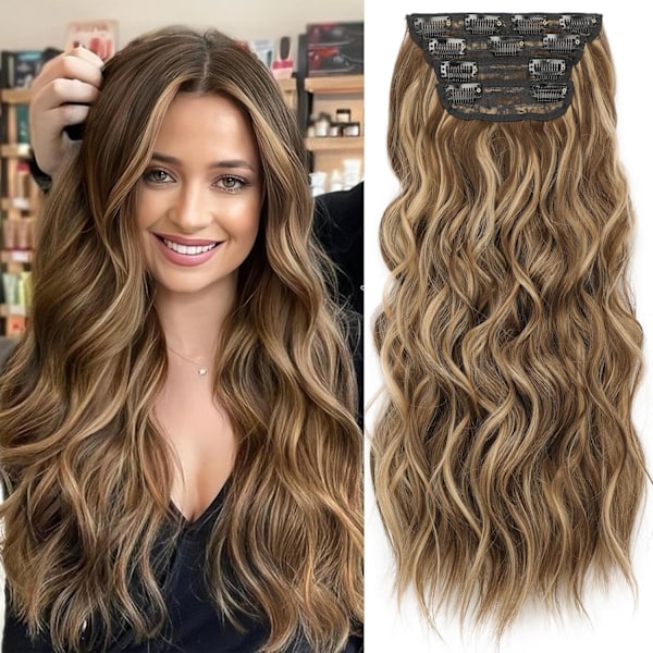 Hår Extensions Medium Brown mix Caramel Blonde Clip in Synthetic Highlight Hair Extensions Long Wavy 4PCS Tjocka Hairpieces 20 Tum för Kvinnor