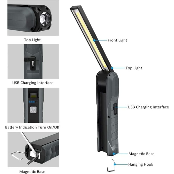Uppladdningsbar LED Arbetslampa, 5 Lägen Arbetslampa, Mekaniklampa, Vikbar Ficklampa, Lampa med Magnetisk Bas, Inspektionslampa för Camping, Bilreparation, Grå