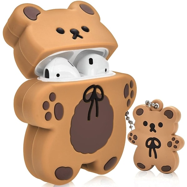 IC AirPods-fodral med björnnyckelring, tecknad kexbjörn, mörkbrun