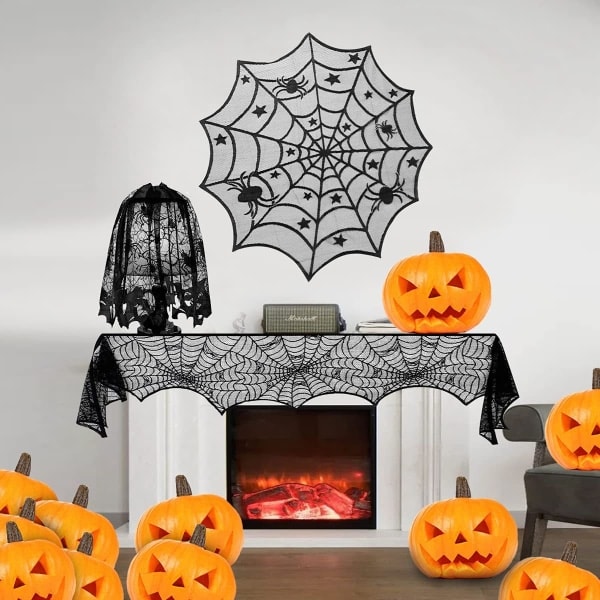 IC Halloween-koriste, musta pitsi pyöreä pöytäliina Halloween-juhlakoristeluun, lepakko verho