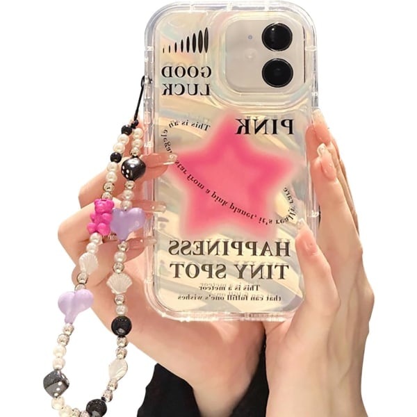IC Case til iPhone 14 med telefoncharm/kæde, glitrende rosa stjernemønster Klart sødt phone case med Pearl Love
