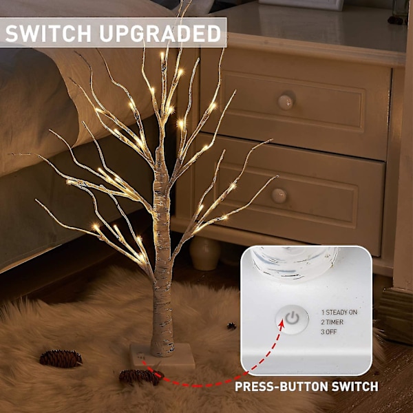 24 2ft 24lt Lighted Birch Tree Battery Powered Timer Warm White Led Artificial Branch Tree For Home Party Festival Wedding Decor, 2ft Table Tree Lamp